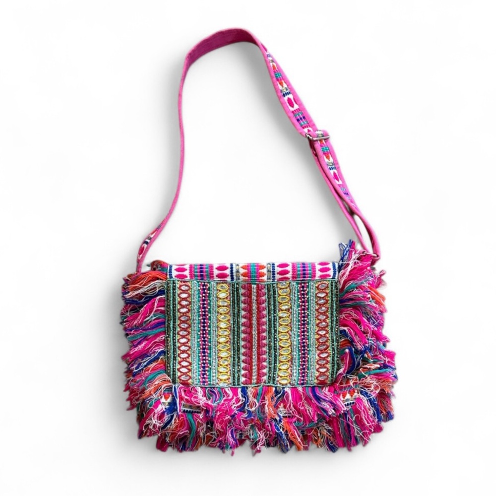 KC Malhan Embroidered Fringe Boho Shoulder Bag – Made in India – 100% Cotton